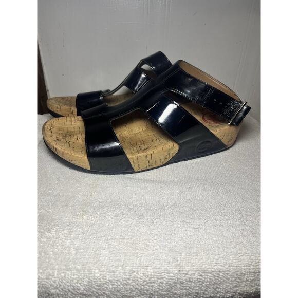 Fitflop Arena Sandal Women Sz 10 Black Patent Leather Ankle Strap Gladiator CorK - Picture 8 of 9